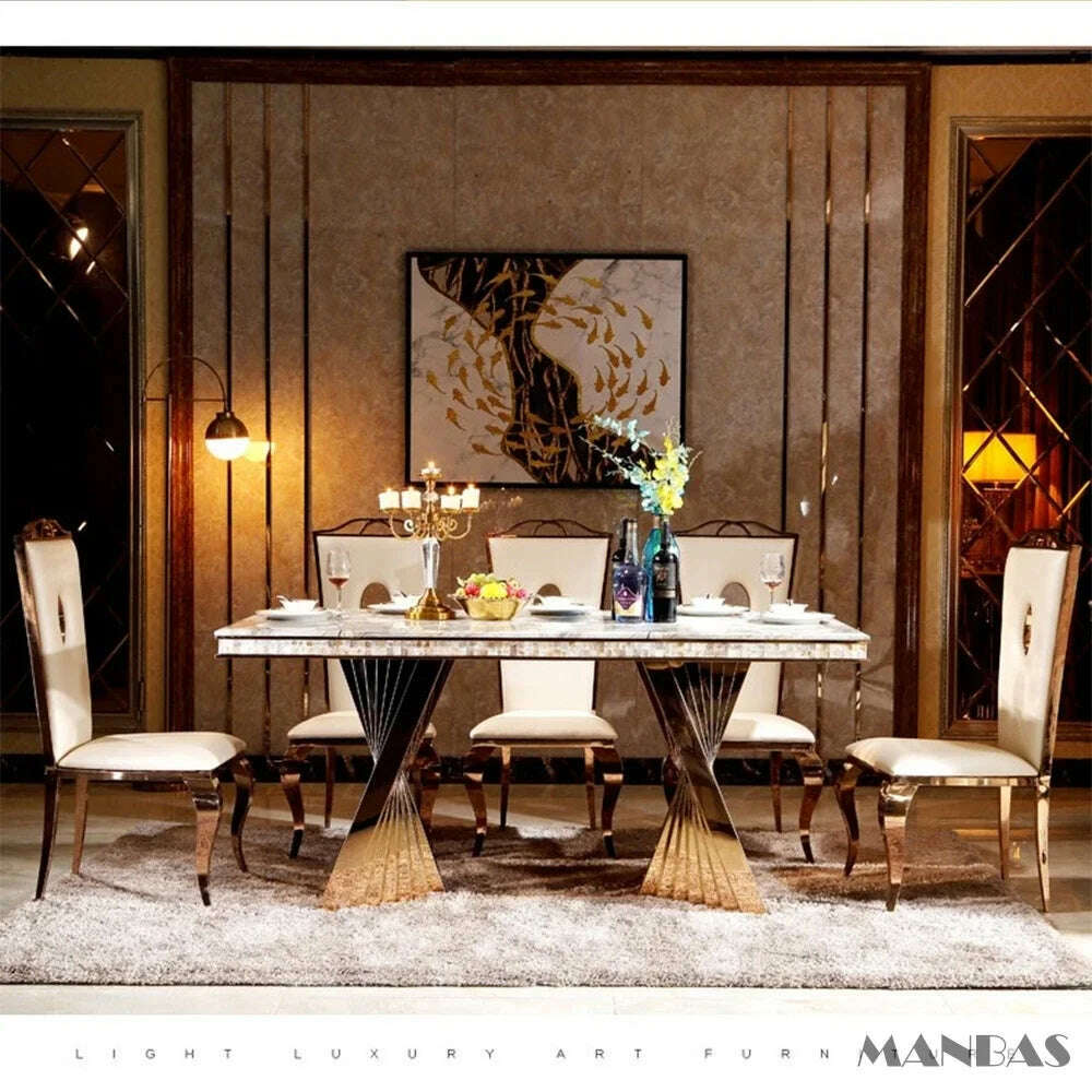 MANBAS Luxury Dining Set: 6 Stainless Steel Genuine Leather Chairs and Rectangle Marble Sea Shell Table kitchen room furniture - KIMLUD