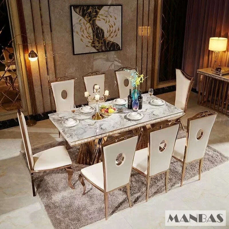 MANBAS Luxury Dining Set: 6 Stainless Steel Genuine Leather Chairs and Rectangle Marble Sea Shell Table kitchen room furniture - KIMLUD