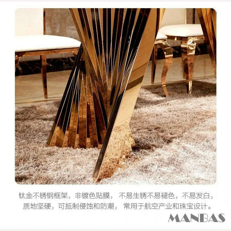 MANBAS Luxury Dining Set: 6 Stainless Steel Genuine Leather Chairs and Rectangle Marble Sea Shell Table kitchen room furniture - KIMLUD