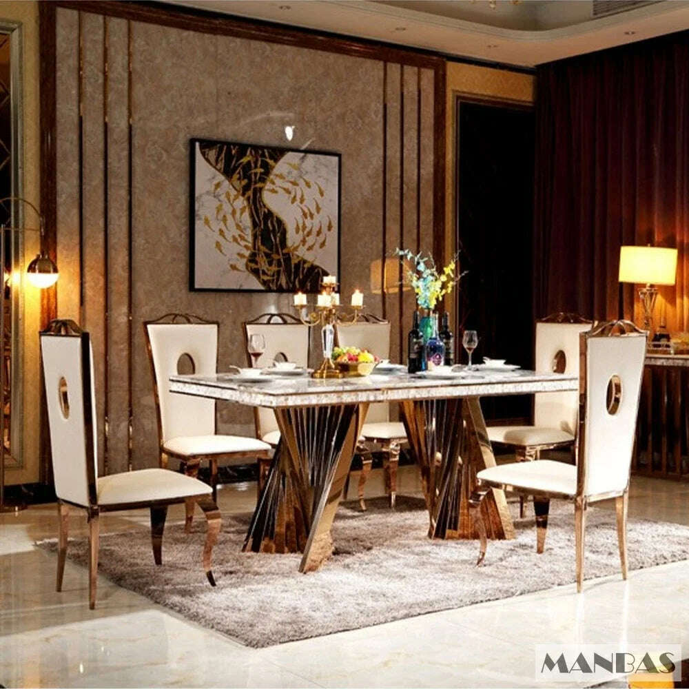 MANBAS Luxury Dining Set: 6 Stainless Steel Genuine Leather Chairs and Rectangle Marble Sea Shell Table kitchen room furniture - KIMLUD