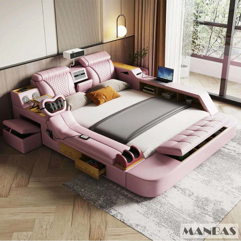KIMLUD, MANBAS Tech Smart Bed - the Ultimate Multifunctional Bedframe with Genuine Leather, Massage, Speaker, Projector, Air Purifier, KIMLUD Womens Clothes