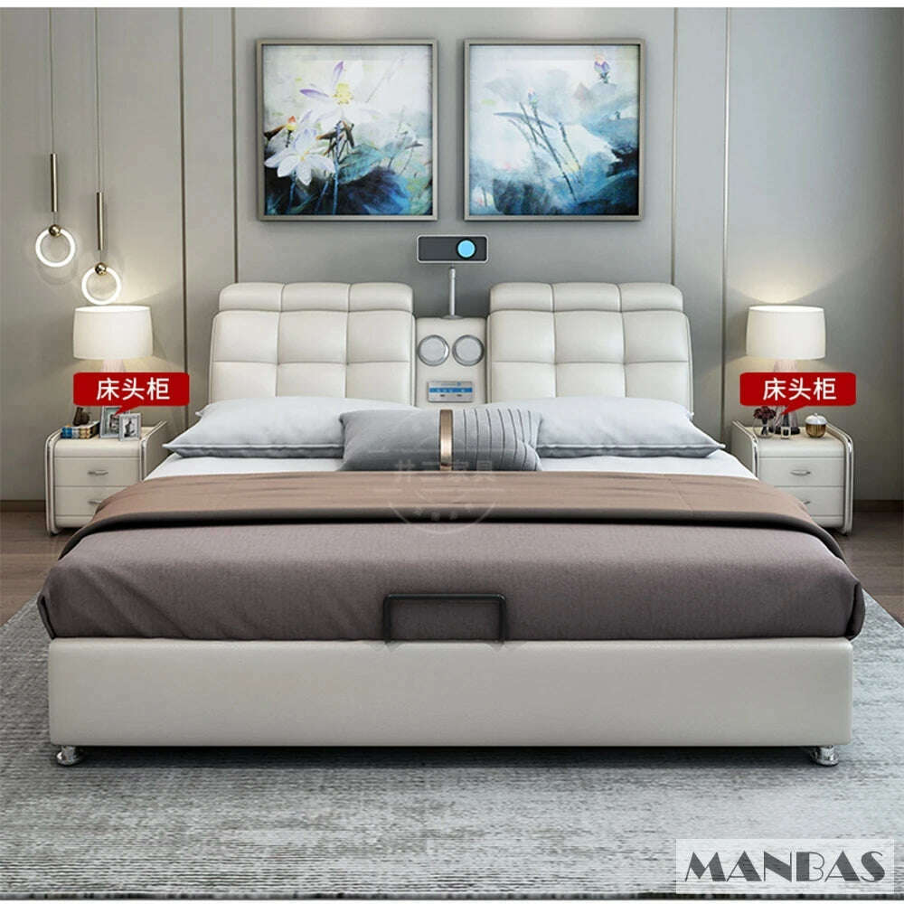 MANBAS Ultimate Tech Smart Bed - Multifunctional Bedframe with Genuine Leather and Bluetooth Speaker, Drawers, Projector, USB - KIMLUD