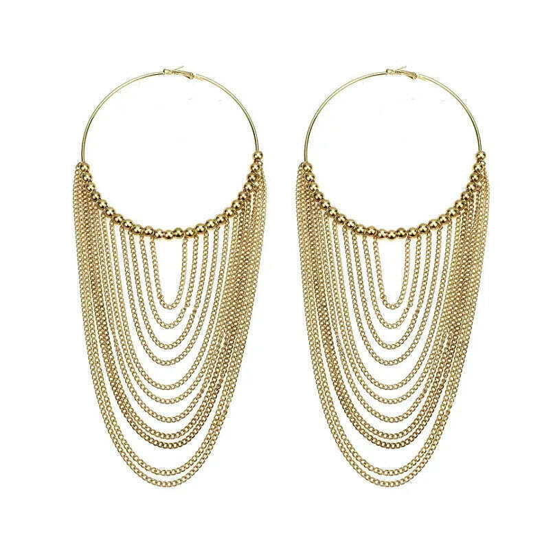KIMLUD, MANILAI Fashion Circular Metal Long Tassel Earrings For Women Indian Jewelry Chain Dangle Earrings Gold Color Ball Pendientes, KIMLUD Womens Clothes