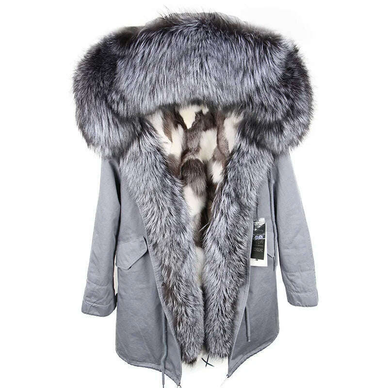 KIMLUD, MAOMAOKONG 2023 Winter Women Real Fur Coat Fox Fur Liner Warm Jacket With Natural Fur Collar Silver Fox Big Collar Long Parkas, 11 / S, KIMLUD Women's Clothes