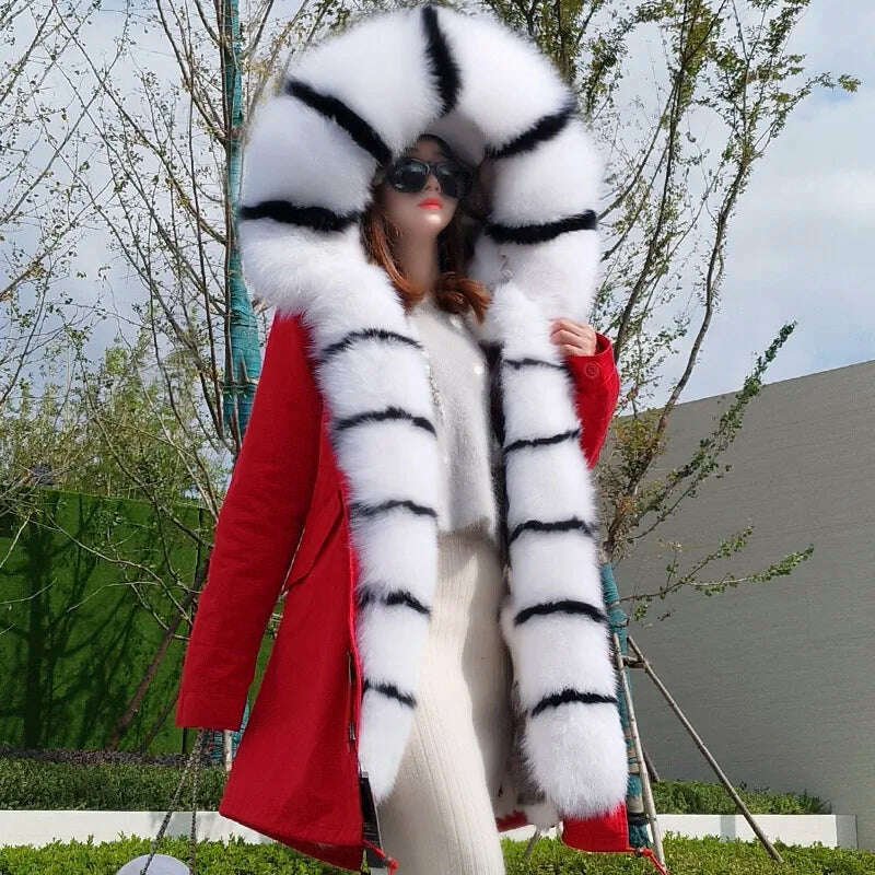 KIMLUD, MAOMAOKONG 2023 Winter Women Real Fur Coat Fox Fur Liner Warm Jacket With Natural Fur Collar Silver Fox Big Collar Long Parkas, KIMLUD Women's Clothes