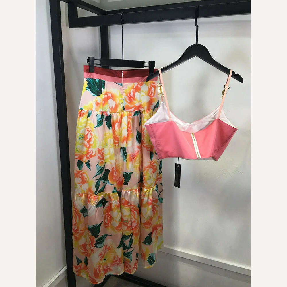 MARYYIMEI 2023 Summer Sexy Fashion Vacation Skirts Sets Women's Short Spaghetti Strap Top + flowers printed Skirts 2 Pieces Suit - KIMLUD