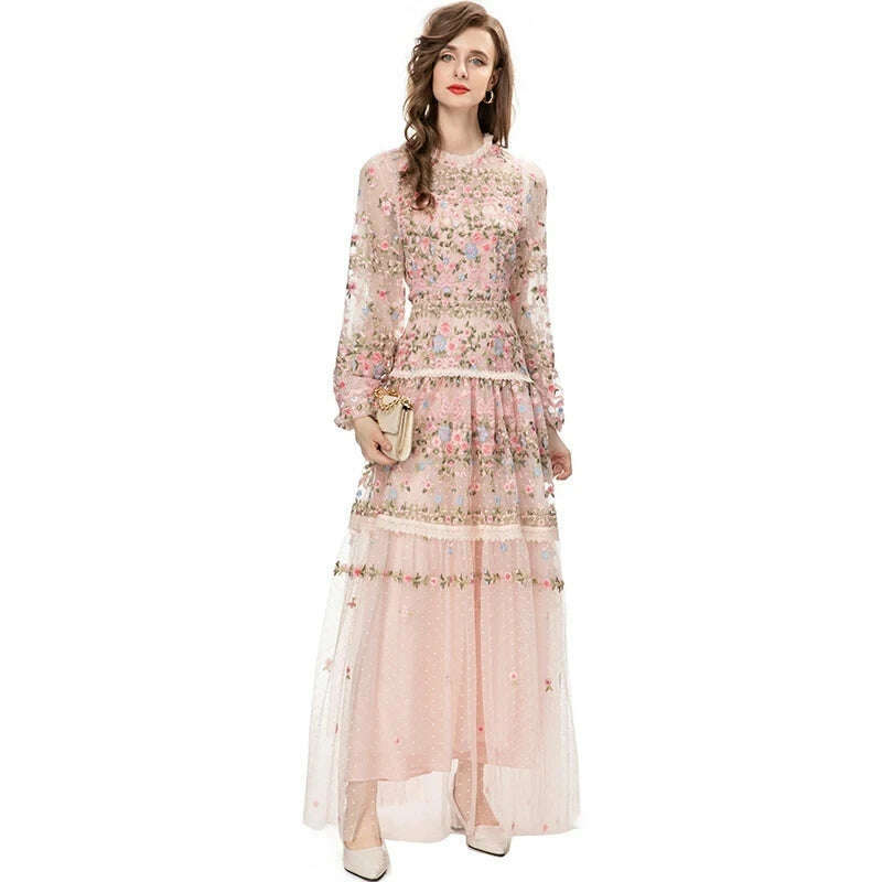 KIMLUD, MARYYIMEI New 2023 Vintage Fashion Designer Dress Women's Mesh Embroidered Translucent Lantern Sleeve Slim White Long Dress, KIMLUD Womens Clothes