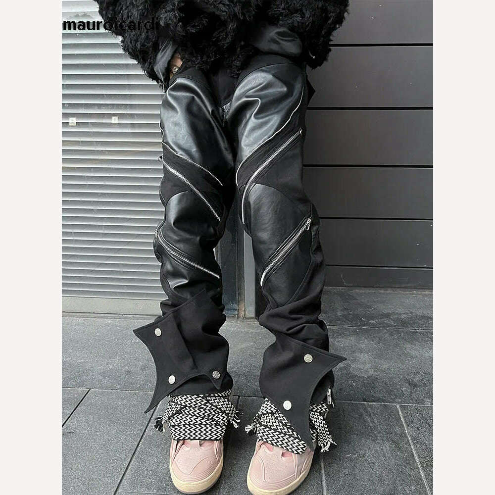 KIMLUD, Mauroicardi Spring Autumn Long Black Patchwork Pu Leather Pants Men with Many Zippers Luxury Designer Clothing Trousers Fashions, KIMLUD Womens Clothes