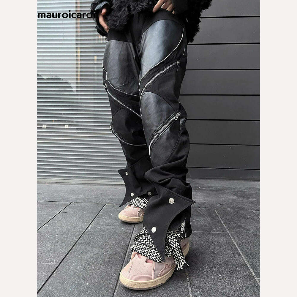 KIMLUD, Mauroicardi Spring Autumn Long Black Patchwork Pu Leather Pants Men with Many Zippers Luxury Designer Clothing Trousers Fashions, KIMLUD Womens Clothes