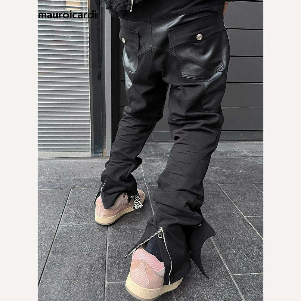 KIMLUD, Mauroicardi Spring Autumn Long Black Patchwork Pu Leather Pants Men with Many Zippers Luxury Designer Clothing Trousers Fashions, KIMLUD Womens Clothes