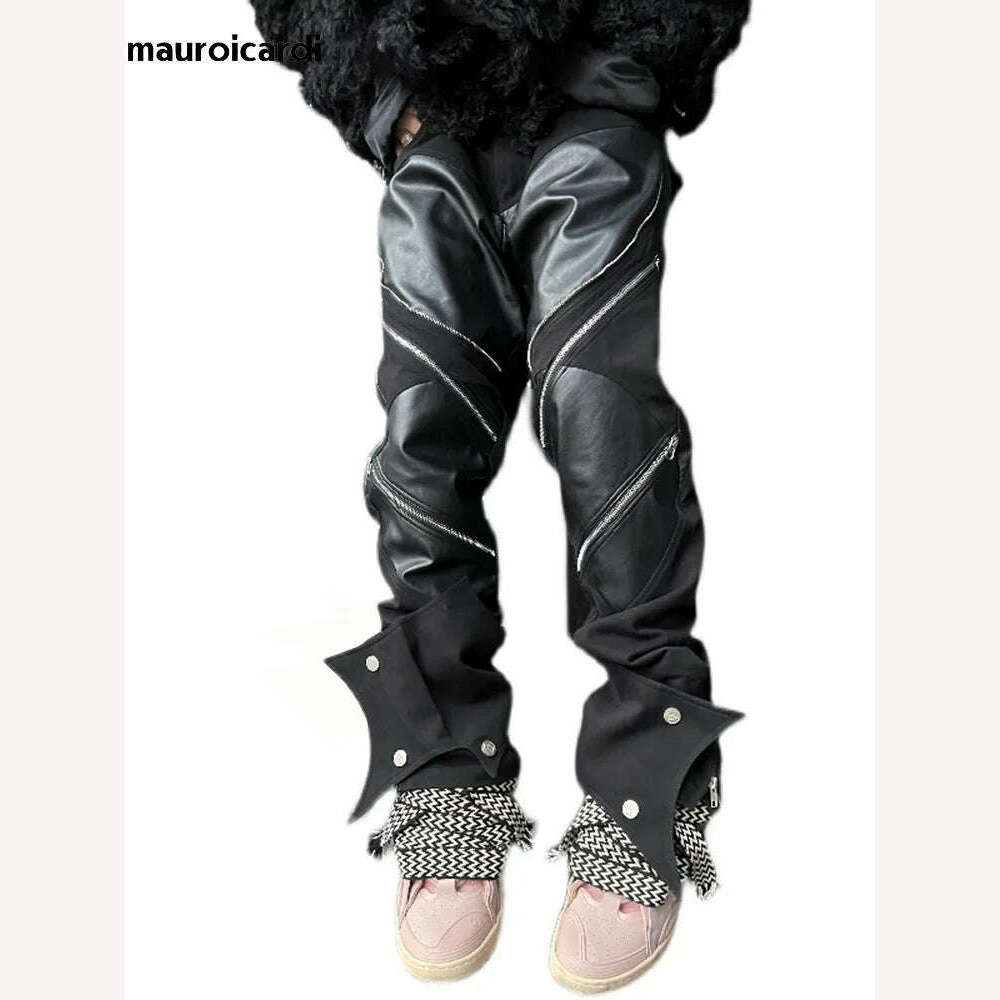 Mauroicardi Spring Autumn Long Black Patchwork Pu Leather Pants Men with Many Zippers Luxury Designer Clothing Trousers Fashions - KIMLUD