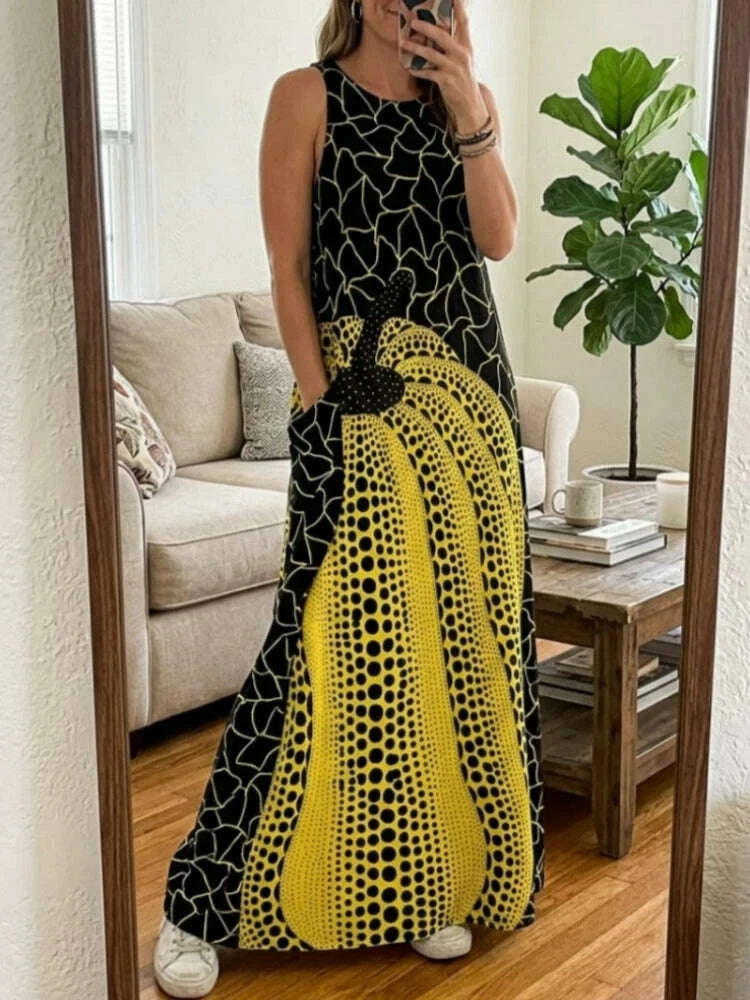 Maxi Dress - Pockets And Polka Dot Print - Polyester | KIMLUD