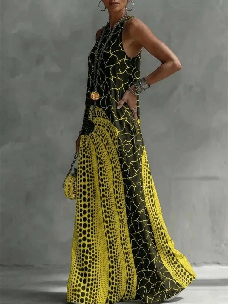 Maxi Dress - Pockets And Polka Dot Print - Polyester | KIMLUD