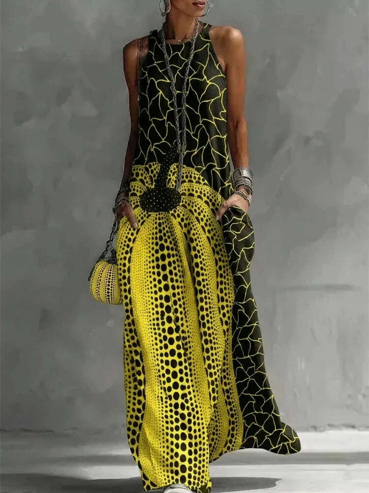 Maxi Dress - Pockets And Polka Dot Print - Polyester | KIMLUD