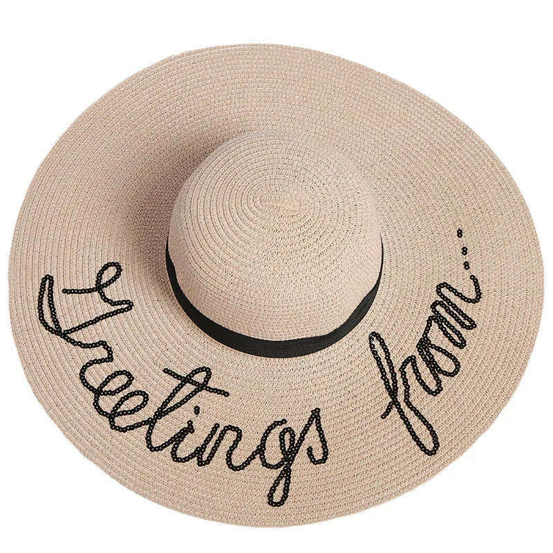 MAXSITI U Sequin Letter Caps Sun Protection Straw Hats For Women Summer Holiday Large Sun Hat Oversized Beach Hat Visor Hat - KIMLUD