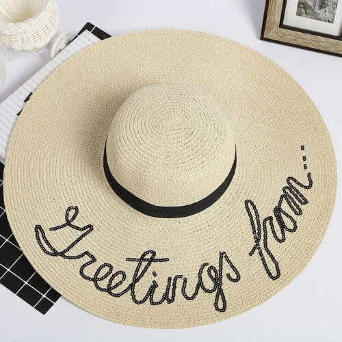 MAXSITI U Sequin Letter Caps Sun Protection Straw Hats For Women Summer Holiday Large Sun Hat Oversized Beach Hat Visor Hat - KIMLUD