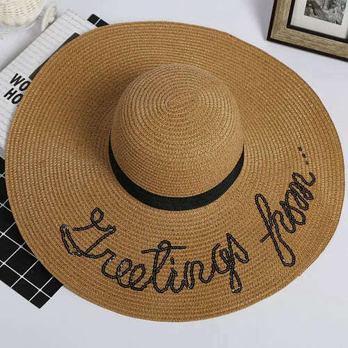 KIMLUD, MAXSITI U Sequin Letter Caps Sun Protection Straw Hats For Women Summer  Holiday  Large Sun Hat Oversized Beach Hat  Visor Hat, Khaki, KIMLUD Womens Clothes