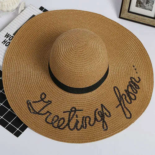 MAXSITI U Sequin Letter Caps Sun Protection Straw Hats For Women Summer Holiday Large Sun Hat Oversized Beach Hat Visor Hat - KIMLUD
