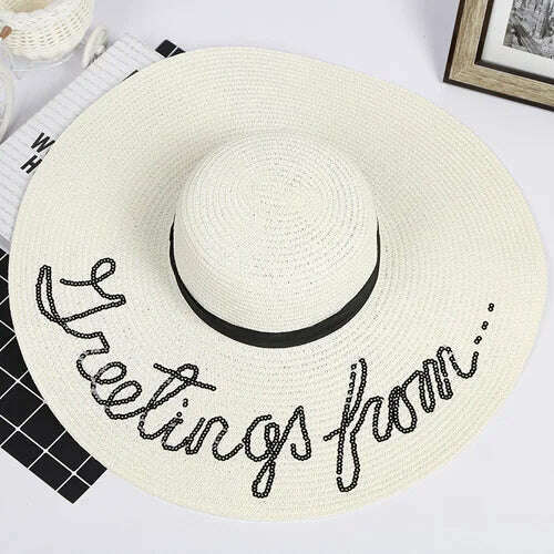 KIMLUD, MAXSITI U Sequin Letter Caps Sun Protection Straw Hats For Women Summer  Holiday  Large Sun Hat Oversized Beach Hat  Visor Hat, Ivory, KIMLUD Womens Clothes