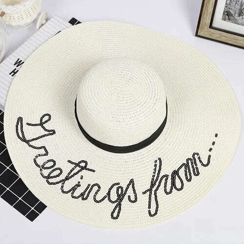 MAXSITI U Sequin Letter Caps Sun Protection Straw Hats For Women Summer Holiday Large Sun Hat Oversized Beach Hat Visor Hat - KIMLUD