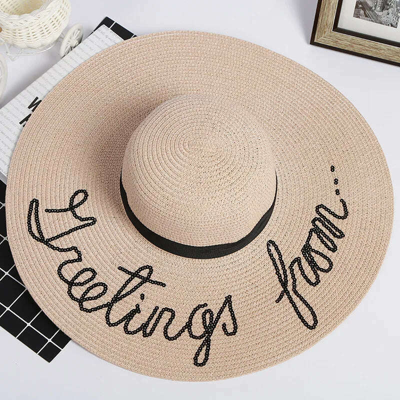 MAXSITI U Sequin Letter Caps Sun Protection Straw Hats For Women Summer Holiday Large Sun Hat Oversized Beach Hat Visor Hat - KIMLUD