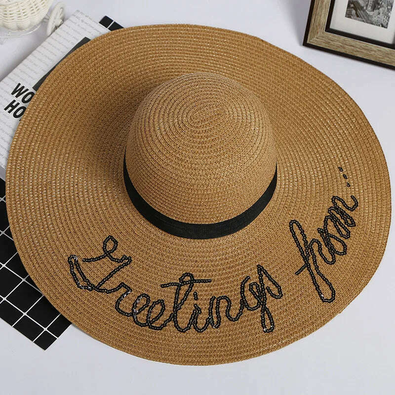 MAXSITI U Sequin Letter Caps Sun Protection Straw Hats For Women Summer Holiday Large Sun Hat Oversized Beach Hat Visor Hat - KIMLUD