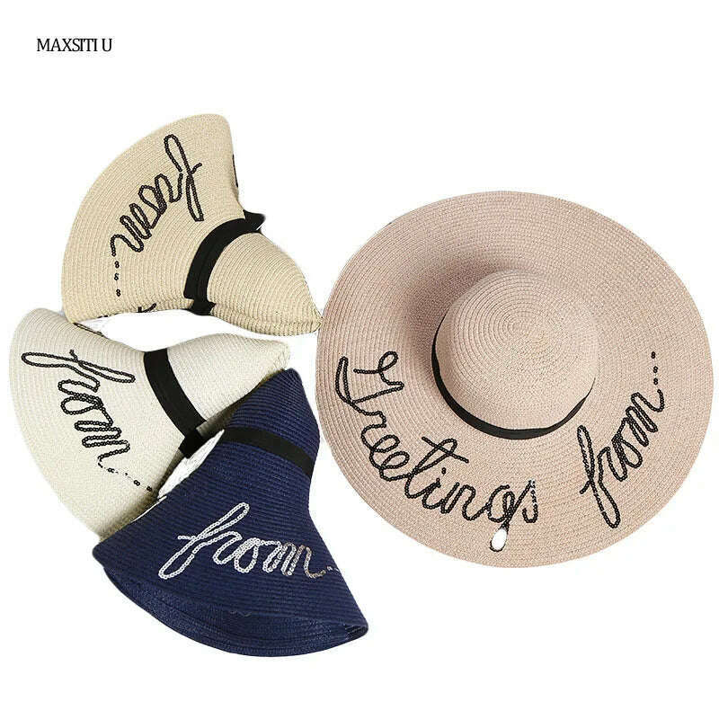 MAXSITI U Sequin Letter Caps Sun Protection Straw Hats For Women Summer Holiday Large Sun Hat Oversized Beach Hat Visor Hat - KIMLUD