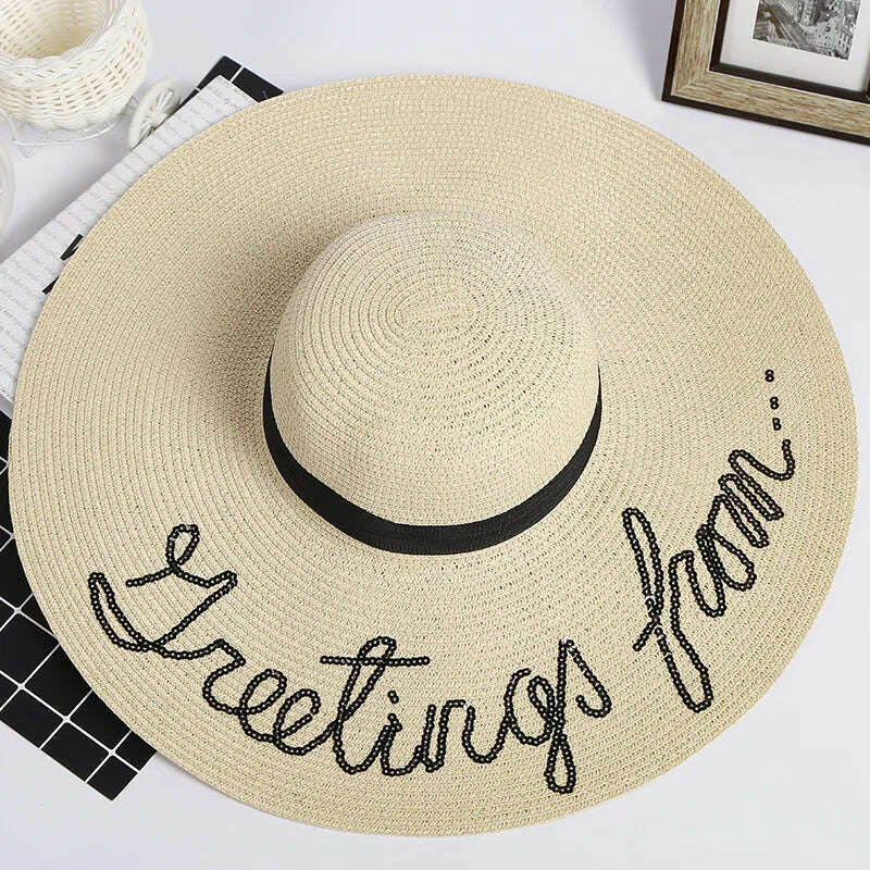 MAXSITI U Sequin Letter Caps Sun Protection Straw Hats For Women Summer Holiday Large Sun Hat Oversized Beach Hat Visor Hat - KIMLUD