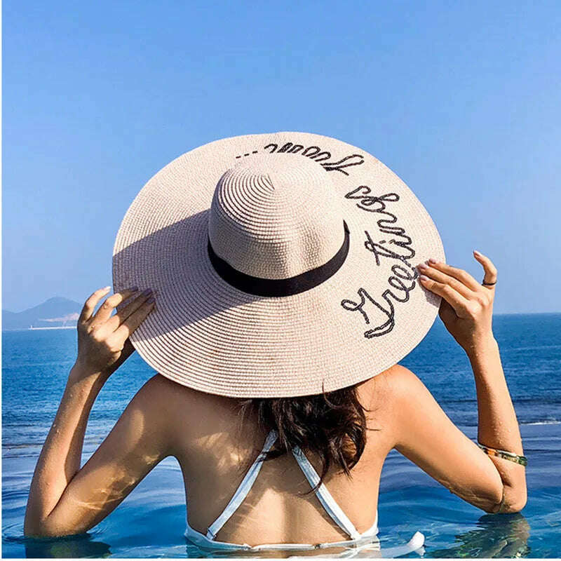 MAXSITI U Sequin Letter Caps Sun Protection Straw Hats For Women Summer Holiday Large Sun Hat Oversized Beach Hat Visor Hat - KIMLUD