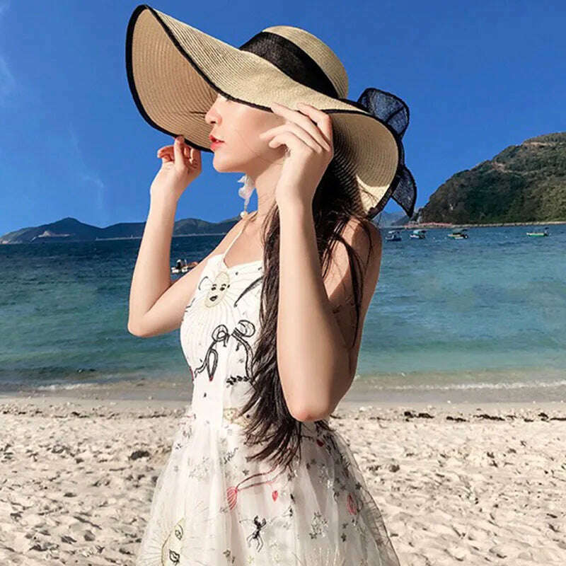 KIMLUD, MAXSITI U Summer Straw Hats Bowknot Steamer Breathable Sun Hat Women Holiday Beach Hat Sun Protection Cap Visor Hat sombreros, black khaki, KIMLUD Womens Clothes