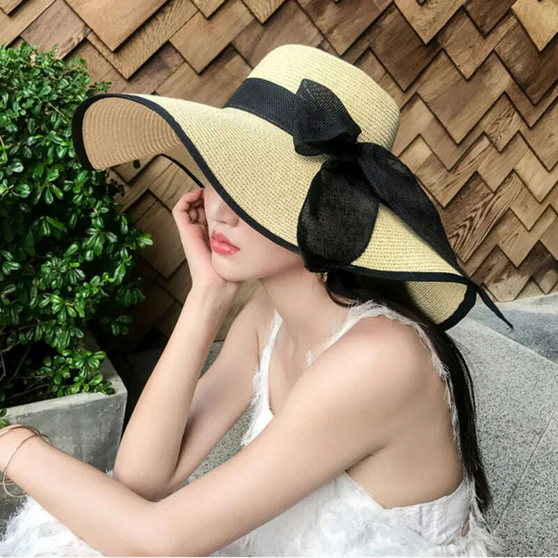 KIMLUD, MAXSITI U Summer Straw Hats Bowknot Steamer Breathable Sun Hat Women Holiday Beach Hat Sun Protection Cap Visor Hat sombreros, black beige, KIMLUD Womens Clothes