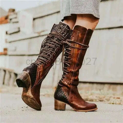 KIMLUD, Medieval Women Retro British Style Lace Up Leather Boots Carnival Men Knight Prince Cosplay High Heel Shoes Vintage Bandage Boot, KIMLUD Women's Clothes