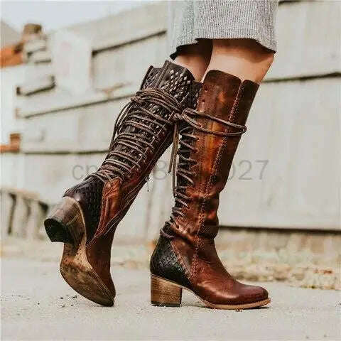 KIMLUD, Medieval Women Retro British Style Lace Up Leather Boots Carnival Men Knight Prince Cosplay High Heel Shoes Vintage Bandage Boot, KIMLUD Womens Clothes