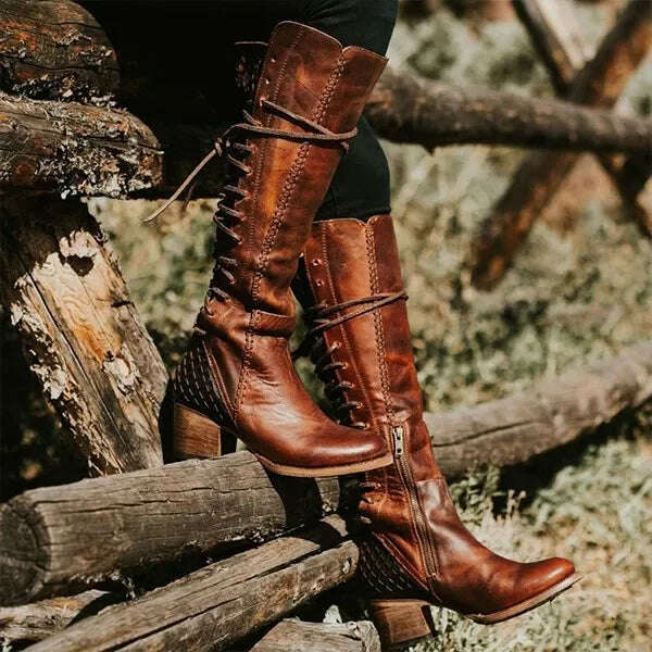 KIMLUD, Medieval Women Retro British Style Lace Up Leather Boots Carnival Men Knight Prince Cosplay High Heel Shoes Vintage Bandage Boot, as show / 35, KIMLUD APPAREL - Womens Clothes
