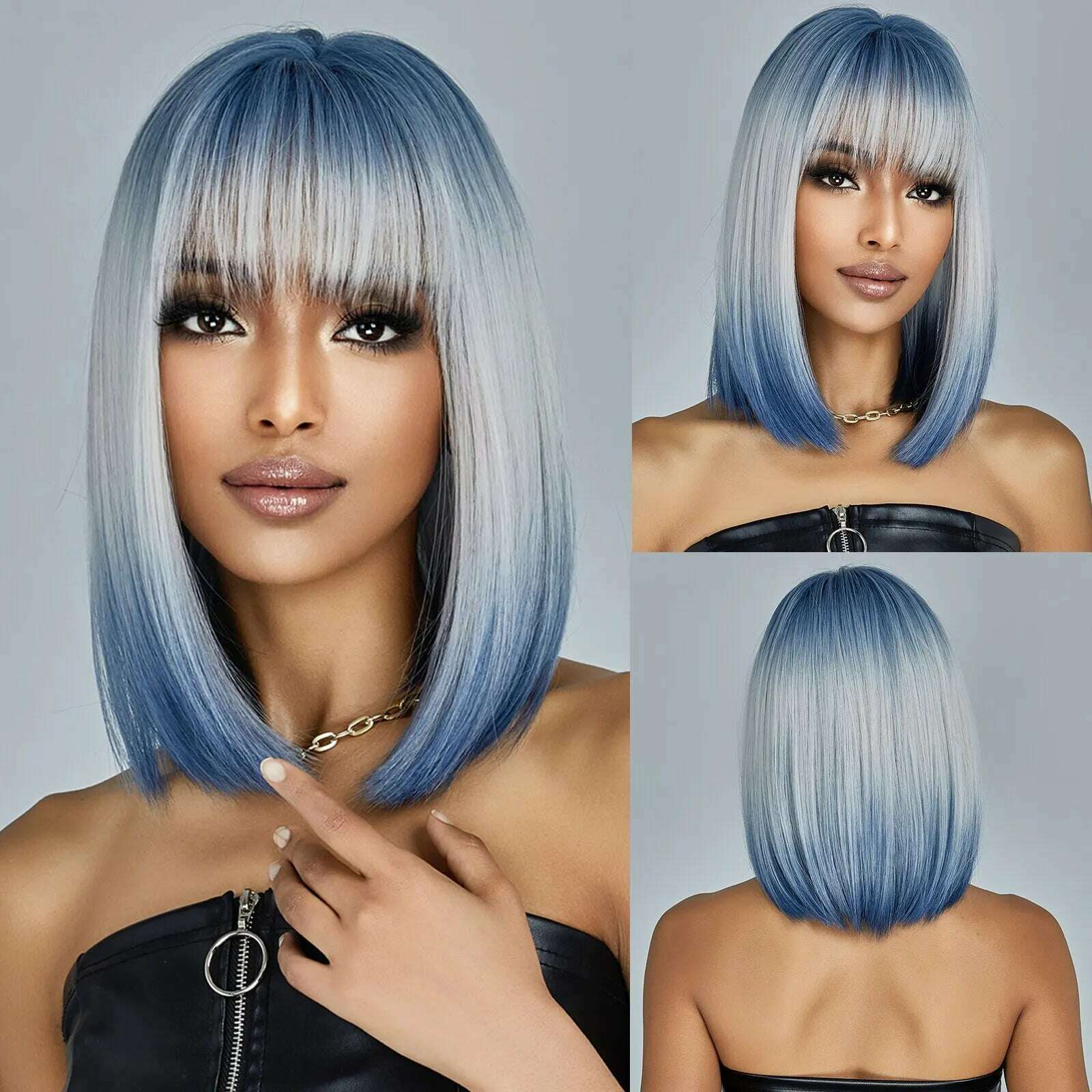 KIMLUD, Medium Length Blue White Ombre Straight Synthetic Hair With Bangs Short Bob Cosplay Wig for Women Daily Party Heat Resistant, KIMLUD Womens Clothes