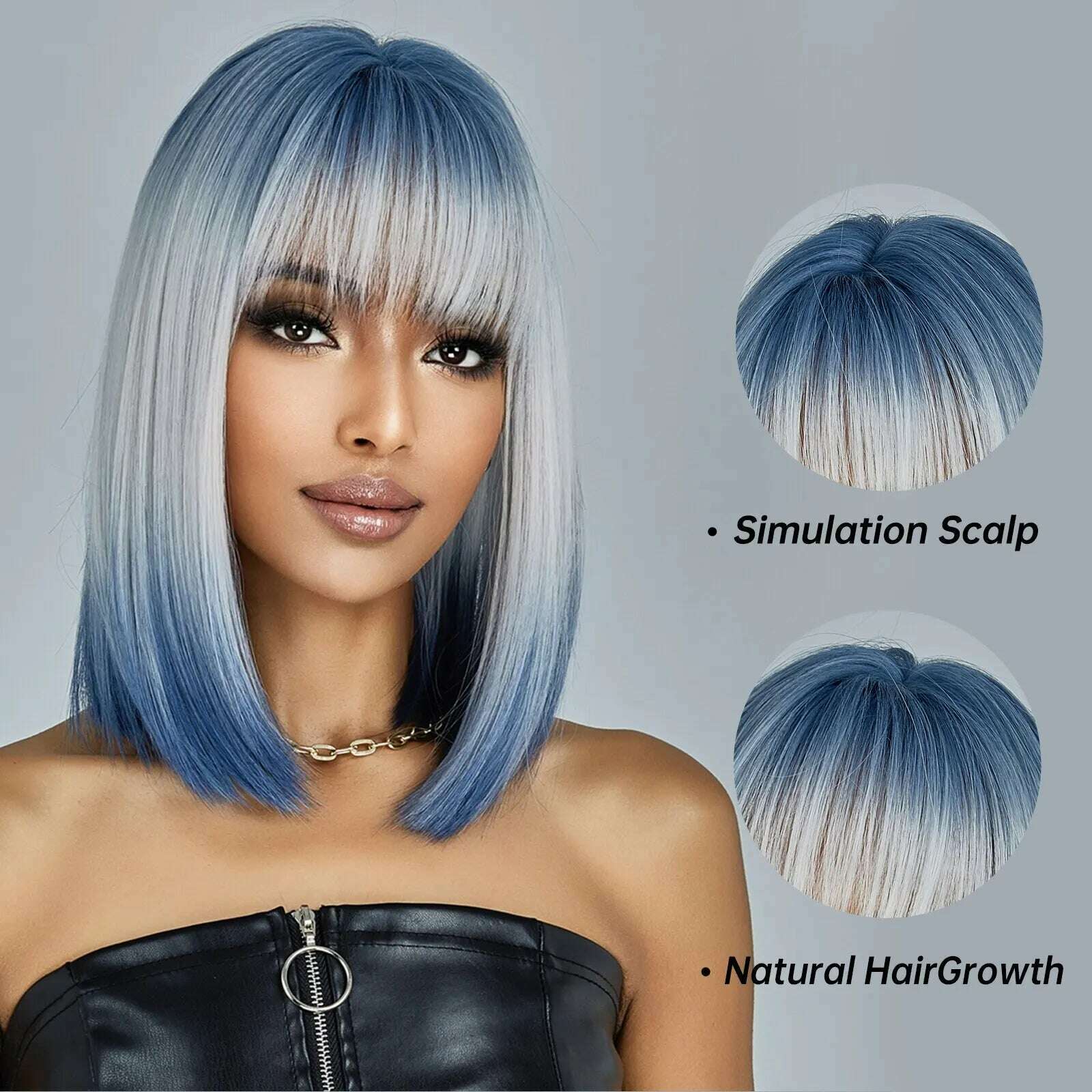 KIMLUD, Medium Length Blue White Ombre Straight Synthetic Hair With Bangs Short Bob Cosplay Wig for Women Daily Party Heat Resistant, KIMLUD Womens Clothes
