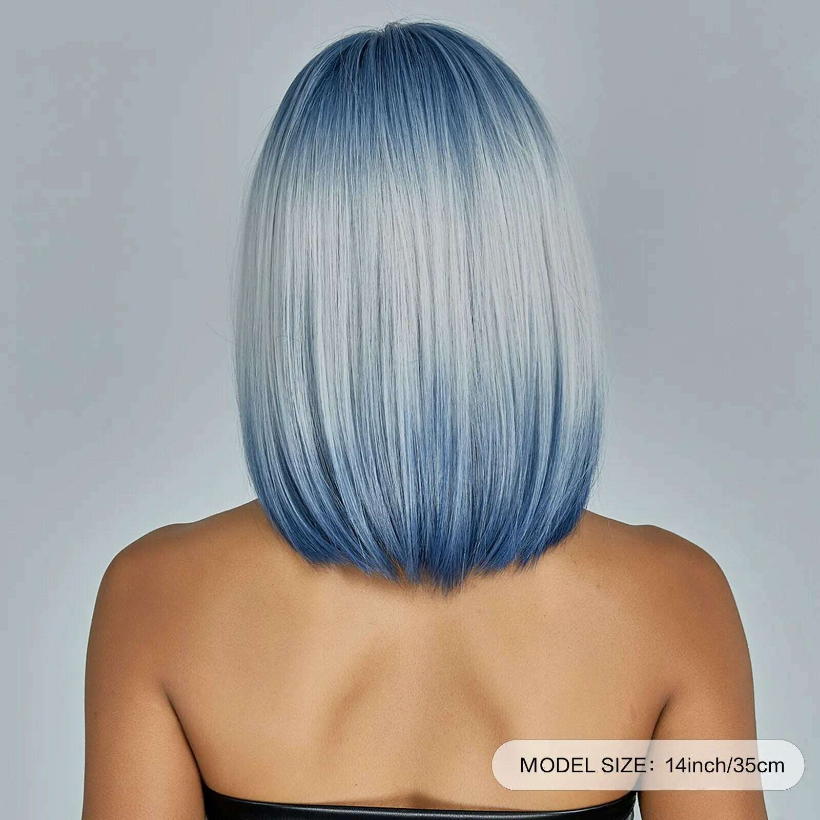 KIMLUD, Medium Length Blue White Ombre Straight Synthetic Hair With Bangs Short Bob Cosplay Wig for Women Daily Party Heat Resistant, KIMLUD Womens Clothes