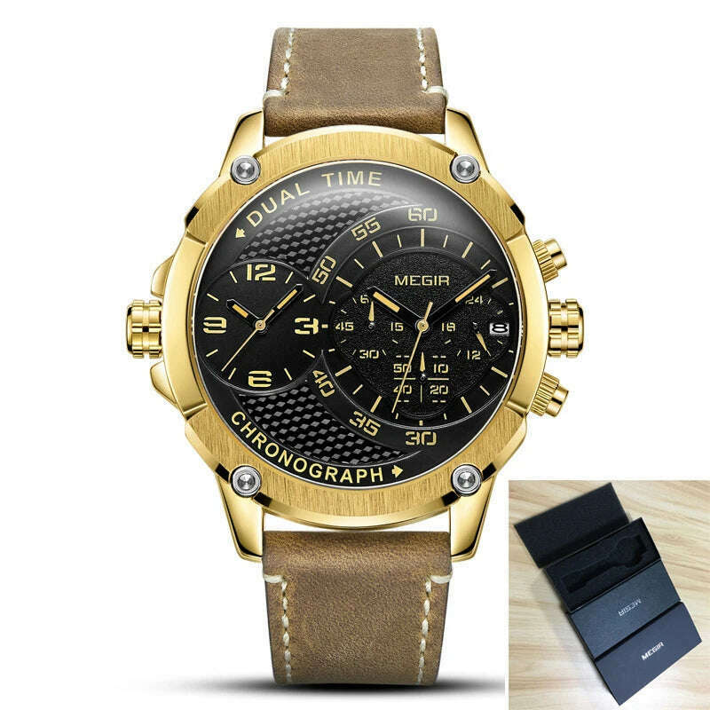 KIMLUD, MEGIR New Design Waterproof Sports Quartz Watch Fashion Luxury Army Military Watches Men Dual Time Zone Clock Relogio Masculino, Gold Black, KIMLUD Women's Clothes