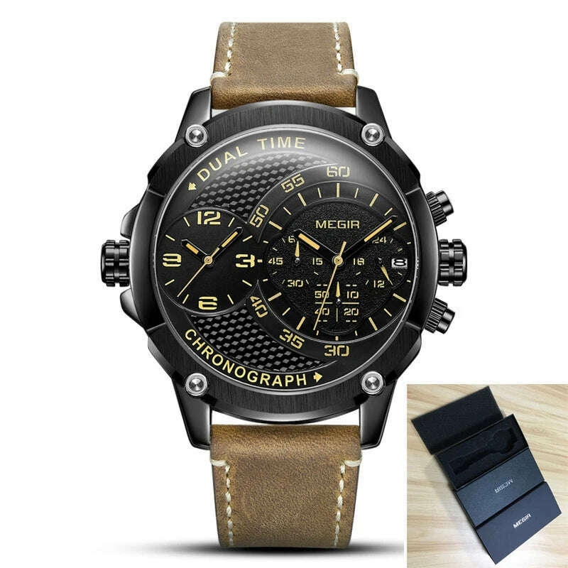 KIMLUD, MEGIR New Design Waterproof Sports Quartz Watch Fashion Luxury Army Military Watches Men Dual Time Zone Clock Relogio Masculino, Black, KIMLUD Women's Clothes