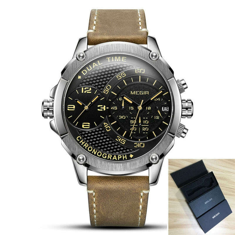 KIMLUD, MEGIR New Design Waterproof Sports Quartz Watch Fashion Luxury Army Military Watches Men Dual Time Zone Clock Relogio Masculino, Silver Black, KIMLUD Womens Clothes