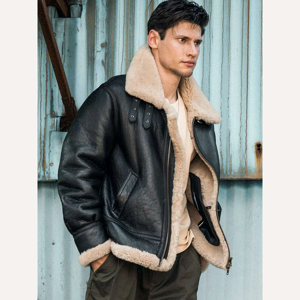 KIMLUD, Men B3 Bomber RAF Aviator Shearling Sheepskin Leather Coat Fur Pilot Winter Thick Jacket Handmade Vintage Flying Motorcycle Coat, KIMLUD Womens Clothes