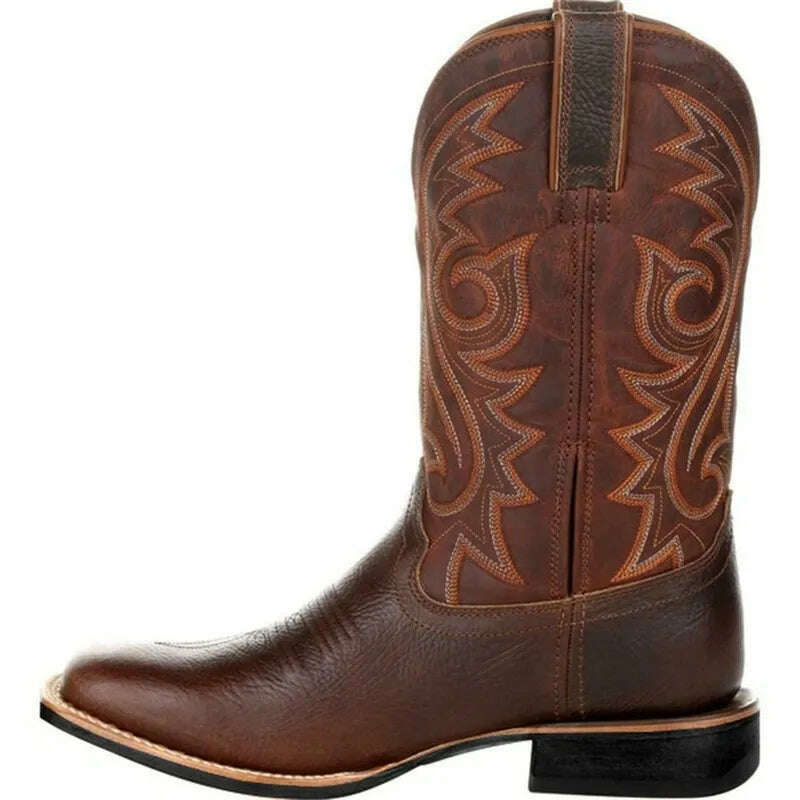 KIMLUD, Men Boots Mid Calf Western Cowboy Motorcycle Boots Male Autumn Outdoor PU Leather Totem Med-Calf Boots Retro Designed Men Shoes, KIMLUD Women's Clothes