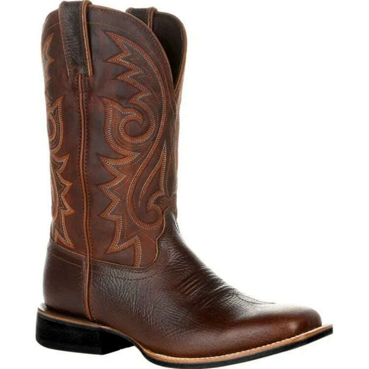 KIMLUD, Men Boots Mid Calf Western Cowboy Motorcycle Boots Male Autumn Outdoor PU Leather Totem Med-Calf Boots Retro Designed Men Shoes, Brown / 42, KIMLUD Women's Clothes