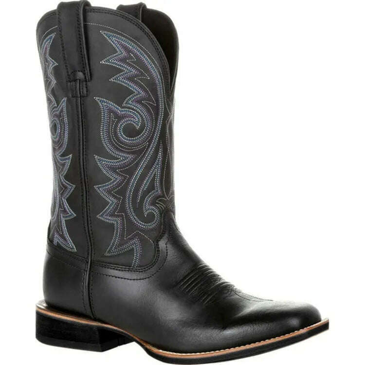 KIMLUD, Men Boots Mid Calf Western Cowboy Motorcycle Boots Male Autumn Outdoor PU Leather Totem Med-Calf Boots Retro Designed Men Shoes, black / 45, KIMLUD Women's Clothes