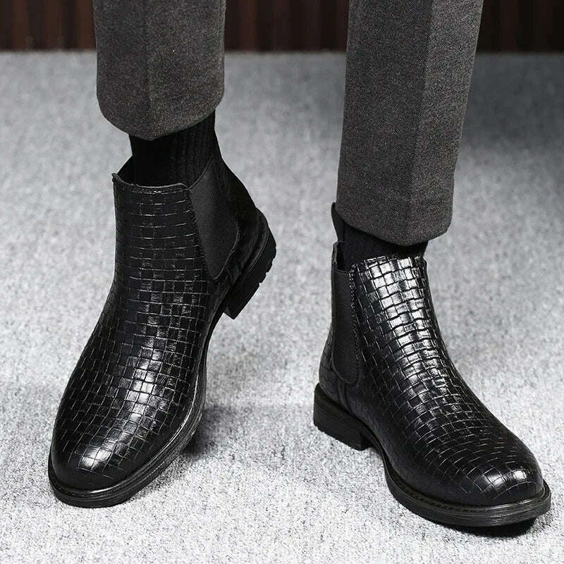 KIMLUD, Men Chelsea Boots Patent Leather Wear-Resistant Waterproof Non-Slip Ankle Boots Low Heel Fashion Outdoor Autumn Casual Shoes, KIMLUD Women's Clothes