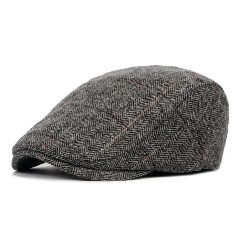 KIMLUD, Men Classic Plaid Stripe Newsboy Cap for Male Winter Cotton Flat Ivy Vintage Gatsbay Hat Irish Outdoor Cabbie Beret Painter Hat, Dark Grey, KIMLUD Womens Clothes