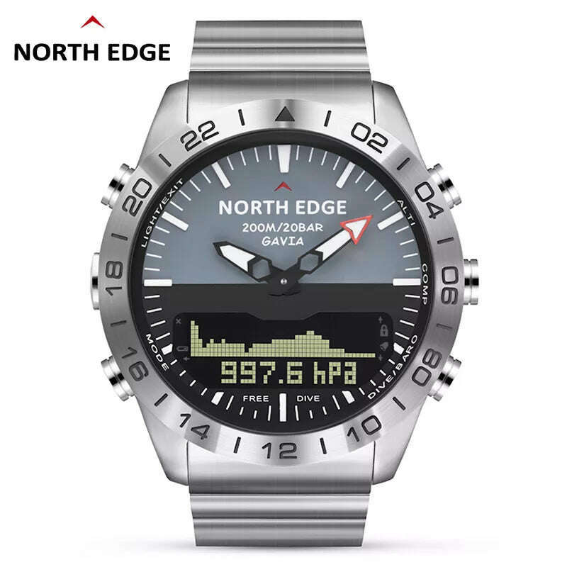 Men Dive Sports Digital watch Mens Watches Military Army Luxury Full Steel Business Waterproof 200m Altimeter Compass NORTH EDGE, KIMLUD Women's Clothes