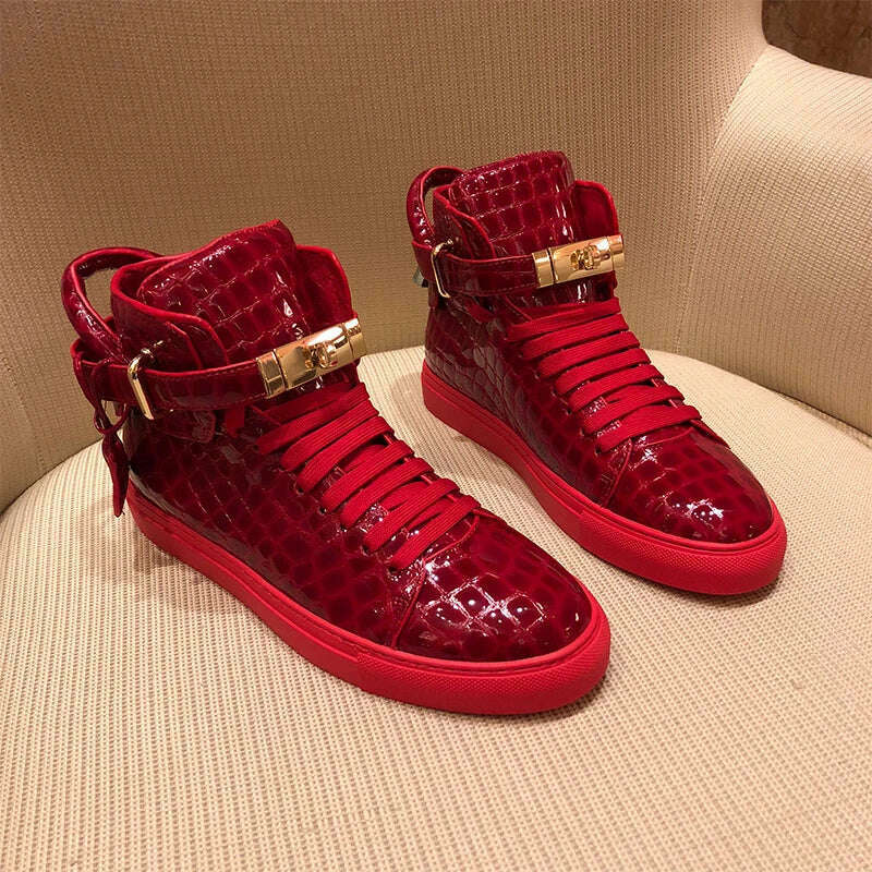 KIMLUD, Men Embossed Crocodile High Top Sneakers Lock Lace Red Flats Real Leather Designer Boots Men‘s Casual Shoes, KIMLUD Womens Clothes