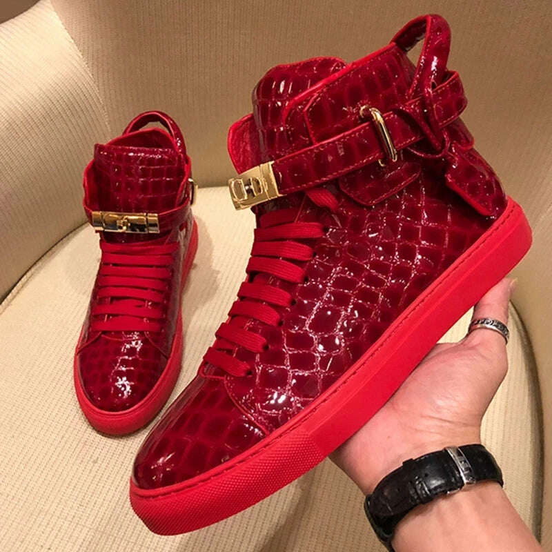 KIMLUD, Men Embossed High Top Sneakers Lock Lace Red Metal Real Leather Designer Flat Men Platform Casual Shoes, KIMLUD Womens Clothes