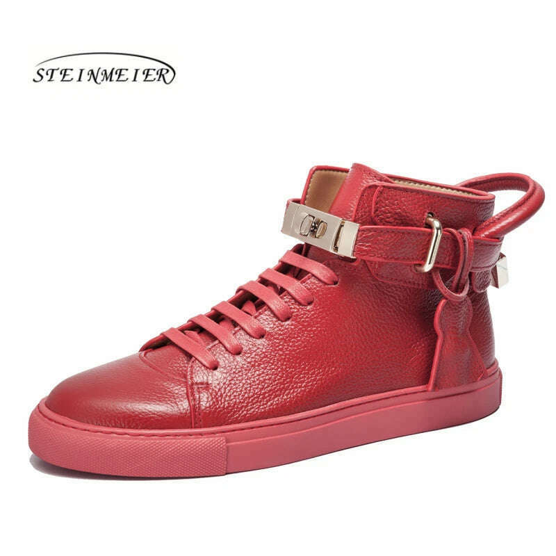 KIMLUD, Men Embossed High Top Sneakers Lock Lace Red Metal Real Leather Designer Flat Men Platform Casual Shoes, KIMLUD Womens Clothes